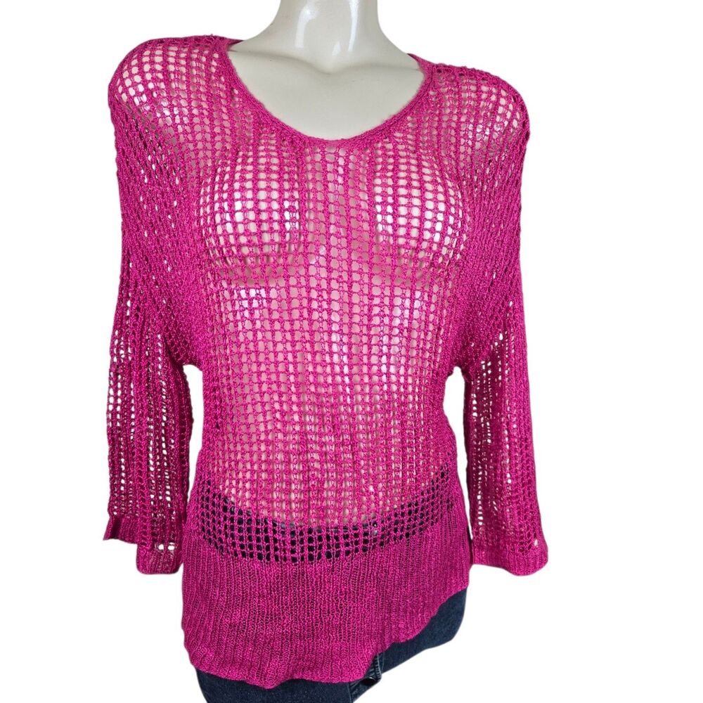 Charlie B FishNet Crochet Top S Hot Pink 3/4 Sleeve Resort Barbiecore Festival